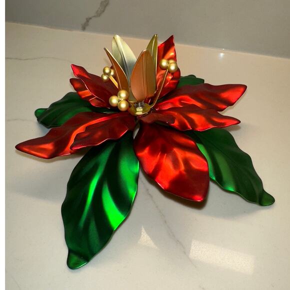 NEW Vtg Dept 56 Metal Poinsettia Taper Candle Holders Christmas Holiday Decor - Picture 1 of 8